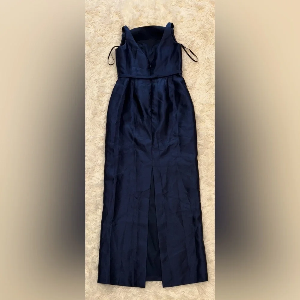 NEW Alfred Sung Strapless Bow Belt Satin Twill Column midnight blue Gown Sz 2 - Picture 5 of 8